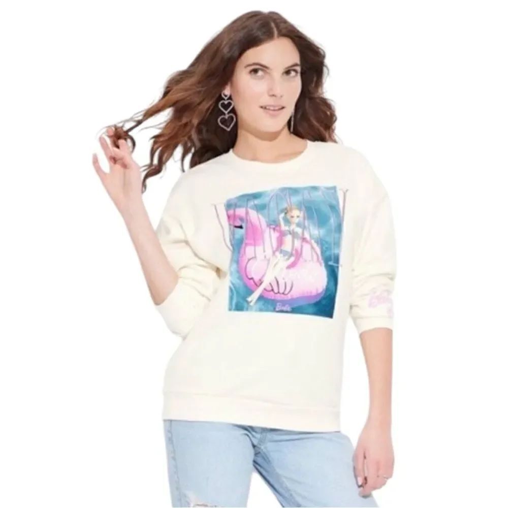 Barbie Womens Vacation Mode Graphic Sweatshirt Off White Medium NWOT
